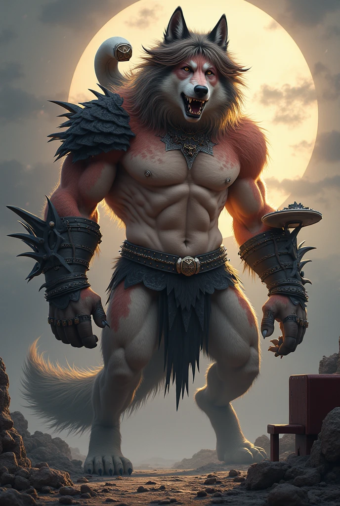 Wolf God, hyperrealistic, tension, chill, highly detailed, Sharp focus, professional, 8K UHD, Kinematic, Dark, Violent, outdoor, time, battle, chase, dramatic, vivid, nervous vibe, do, epic, twilights, eat the moon, HdR, album cover art, blizzard, lightning, cataclysmic,A muscular and fierce warrior, Covered in scars, with an intimidating appearance and an expression of fury as he screams in the middle of a battle. He wears rustic and heavy armor., decorated with intricate details and chains, partially covering his torso and arm. His skin is marked with distinctive red tattoos, and his right shoulder sports a piece of red spiked armor, contrasting strongly with the rest of the image which is in greyish tones. His thick beard and bald head add to his brutal and powerful presence.. The background is blurry, suggesting movement and chaos, while the focus remains on the intensity and fury of the warrior. The art style highlights the drama and energy of the scene, using a limited but striking color palette