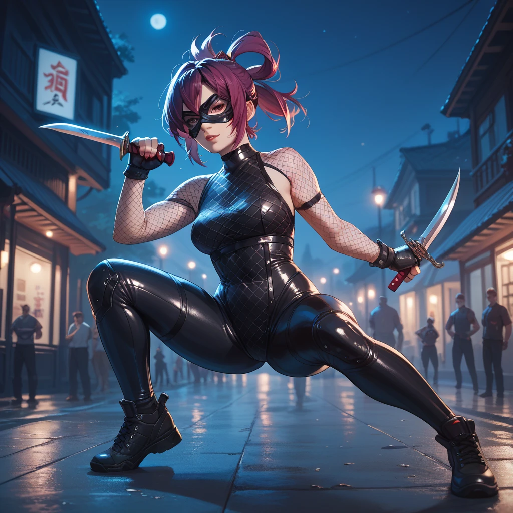 ultra-detailed, Explicit, Beautiful body, Beautiful Nose, Beautiful character design, perfect eyes, perfect face, ultra highres, 4K, beautiful legs, perfect legs, Nice hands, Perfect hand, Masterpiece, Best Quality, Highly detailed, illustration, absurdres, perfect anatomy, street fighter, doll suit, shadaloo doll, dollsuit, expressionless, blank eyes, looking at viewer, red gloves, emotionless, black latex, corrution, mind control, female combatant, full body, hypnotized, unhappy trance, full body suit, ribbed bodysuit, both arms at side, obey, perfect female body, extremely glossy latex, hypnosis, hypnoLora, empty eyes, Mind control device, poses, submissive_pose, Slave, hat, necktie, stand up straight, standing, standing at attention, hat, necktie, belt, latex, ribbed bodysuit, thighhighs, garter belt, Fighting Stance, extending the right arm from the shoulder into the air with a straightened hand, military, thigh boots, 1girl, Solo, pink hair, long hair, pink eyes, long twin tails, akame ga kill!, mine