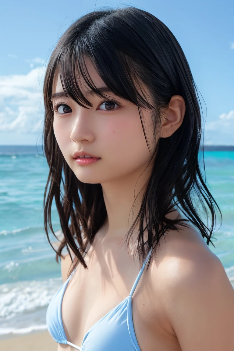 bikini、18-year-old、(bangs:1.6),Playing on the beach
