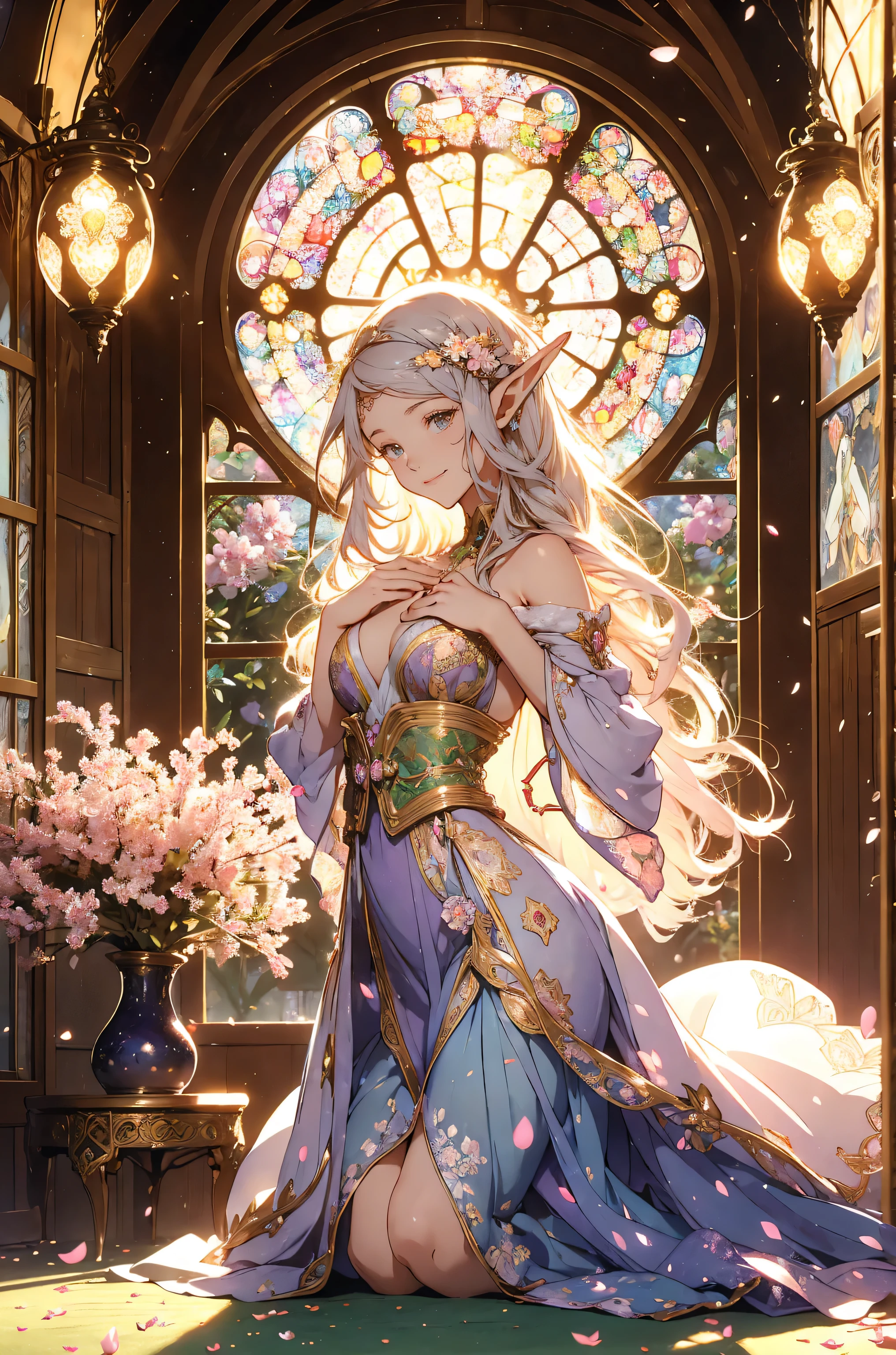 best quality !Art Nouveau、Alphonse Mucha's style、mystical ‼️、( beautiful ELF ) 1girl cute smile!smile! House of the Elves , 、beautiful decorations、、beautiful room 、Beautiful skin with a chest circumference of 130 、 exact finger、、 Beautiful chest skin !BEAUTIFUL THIGS、beautiful legs ‼️ slender model figure、bright colors、sunshine、music Healing simple lawn composition fantasy world、western fantasy style flower、 beautiful interior stained glass Many kinds of flowers Mr..々flower butterfly々Outside the window cherry blossoms、、
Keep it simple beautiful brilliance 、long silver hair、The strongest beautiful decorative flower white dress、 calm atmosphere petals、 、 Beautiful young body 、 big 胸 、beautiful skin, 、beautiful brilliance, high definition depiction , Realistic Fantasy Romanticism ,, ultimate beauty moving!high resolution,