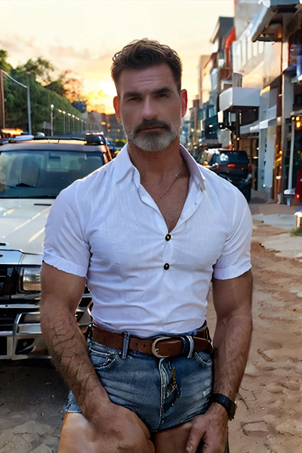 Jacob Elord, (( masterpiece)), (( envelopes:1.2)), High resolution, 8K, full body image , (ultra_realistic:1.3), (photorealistic:1.4), sharp focus , 1 , (Perfect face), Wide angle, handsome outdoor , ( sitting on the back seat of his white Ute ), (( outback in the background , Australian red outback background )), ((sunset:1.3)), sunset lighting, (( wearing a white shirt :1.3)), (( Two unbuttoned shirt buttons :1.3)), wearing blue jeans , belt with a silver belt buckle, brown eyes, short brown hair , Alone , 1 , wide shoulders , toned body ,