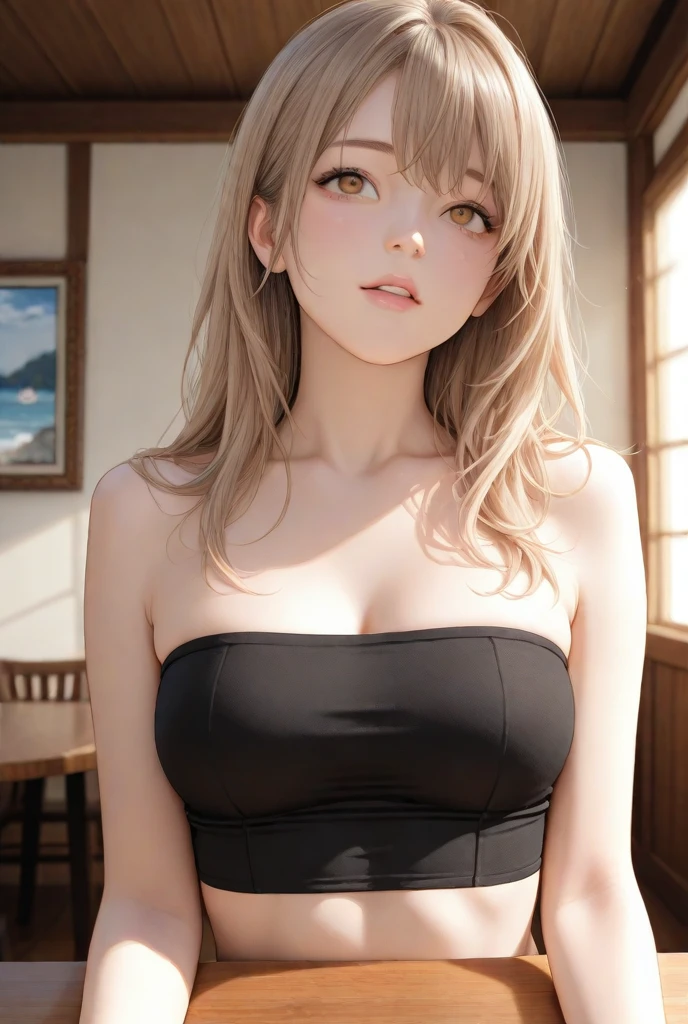 (masterpiece、Highest quality)、One girl with deep skin、Beautiful Face、Pigtails、White tank top、Large Breasts
