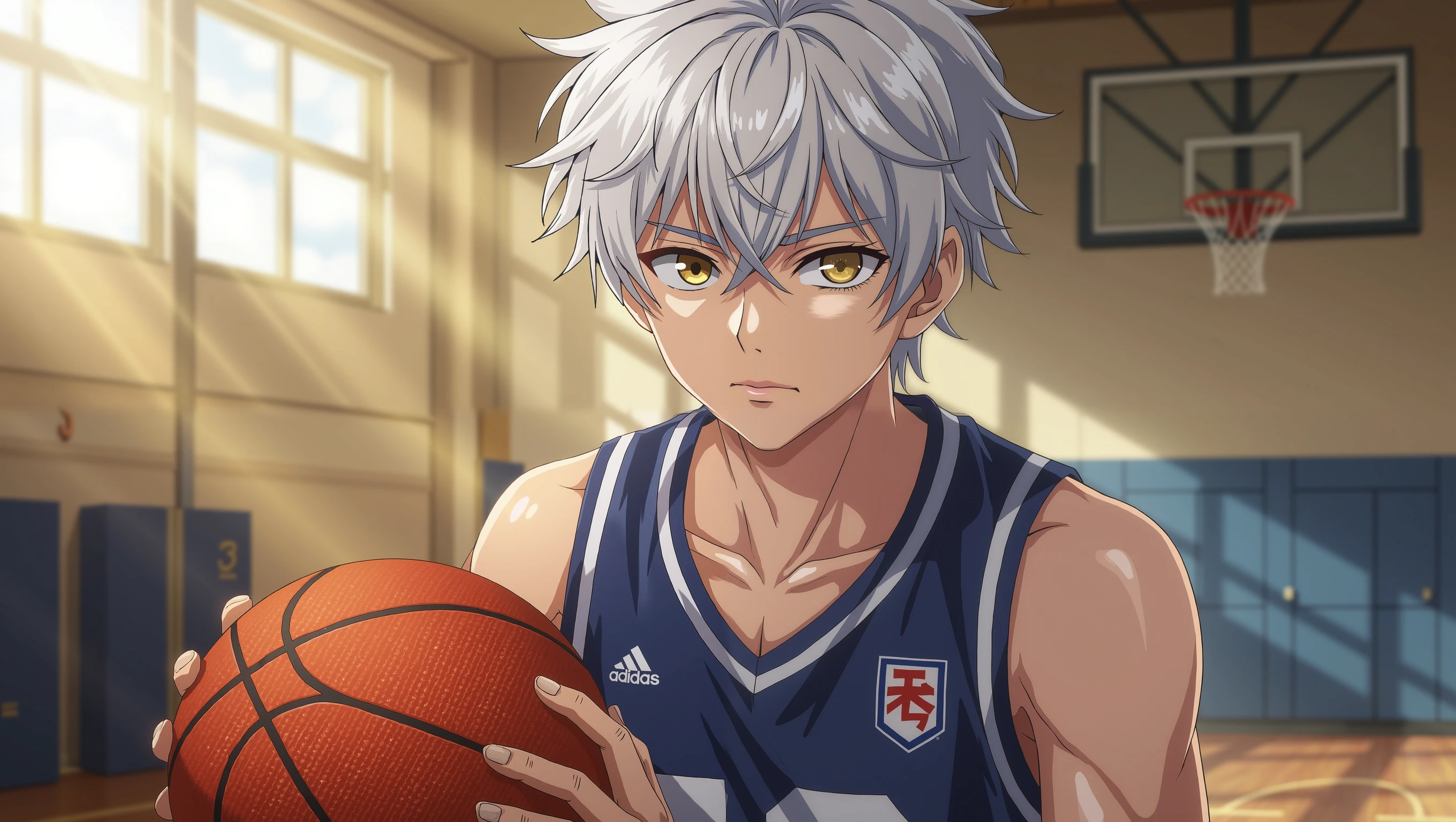 masterpiece, Anime CG, schoolboy, Short White Spiky Hair, Wheat-colored skin, musculature, sports schoolboy, wearing basketball outfit, Smooth texture, Silk texture , Golden pupils, perfect eyes