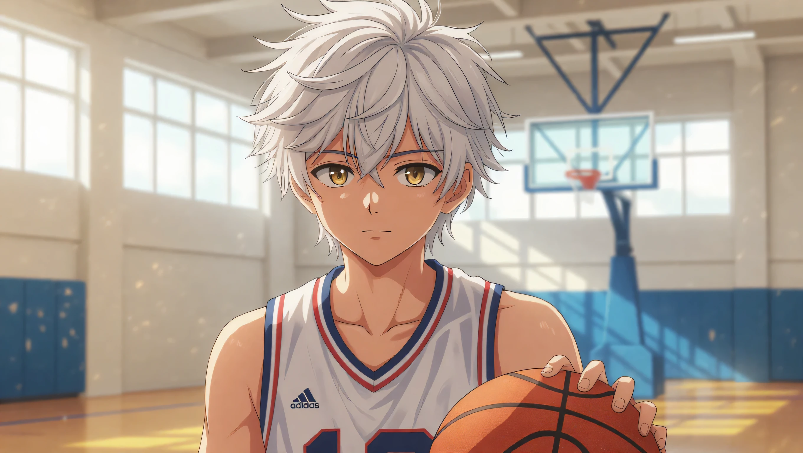 masterpiece, Anime CG, schoolboy, Short White Spiky Hair, Wheat-colored skin, musculature, sports schoolboy, wearing basketball outfit, Smooth texture, Silk texture , Golden pupils, perfect eyes