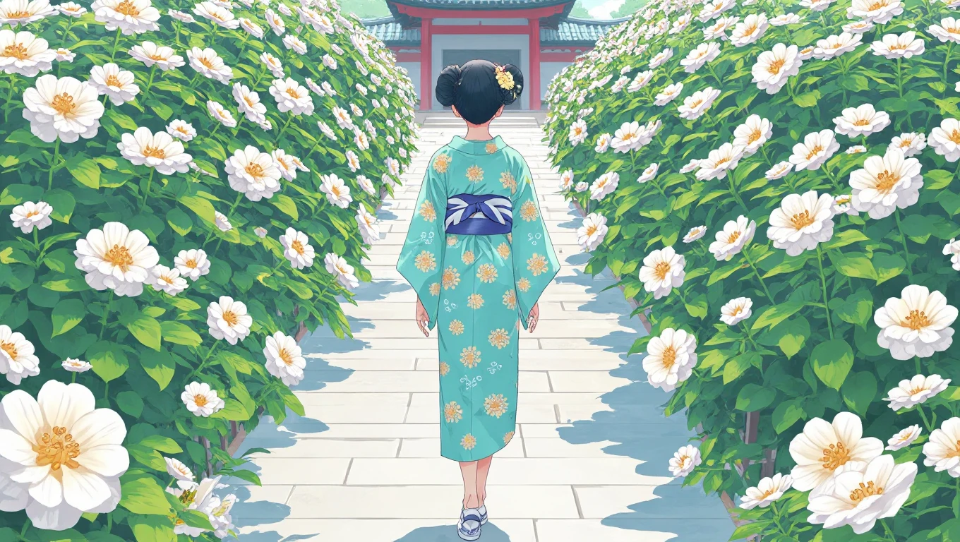 1girl, alone, from the above, (white lily flower), Aesthetic,  intricate , Best Quality, Detailed background, Miki Sayaka, ((girl wearing a patterned teal komono:1.2)), (walking in a zen garden),  casual pose, detailed texture, posing on a, f洛拉l print,  hairflower , hair adornments, japanses clothes, komono, inner strength, exteriors, pagoda , petals, (teal komono), Sash, shrines, Skysky, stone steps,  torii , Wide sleeves, bathrobe 