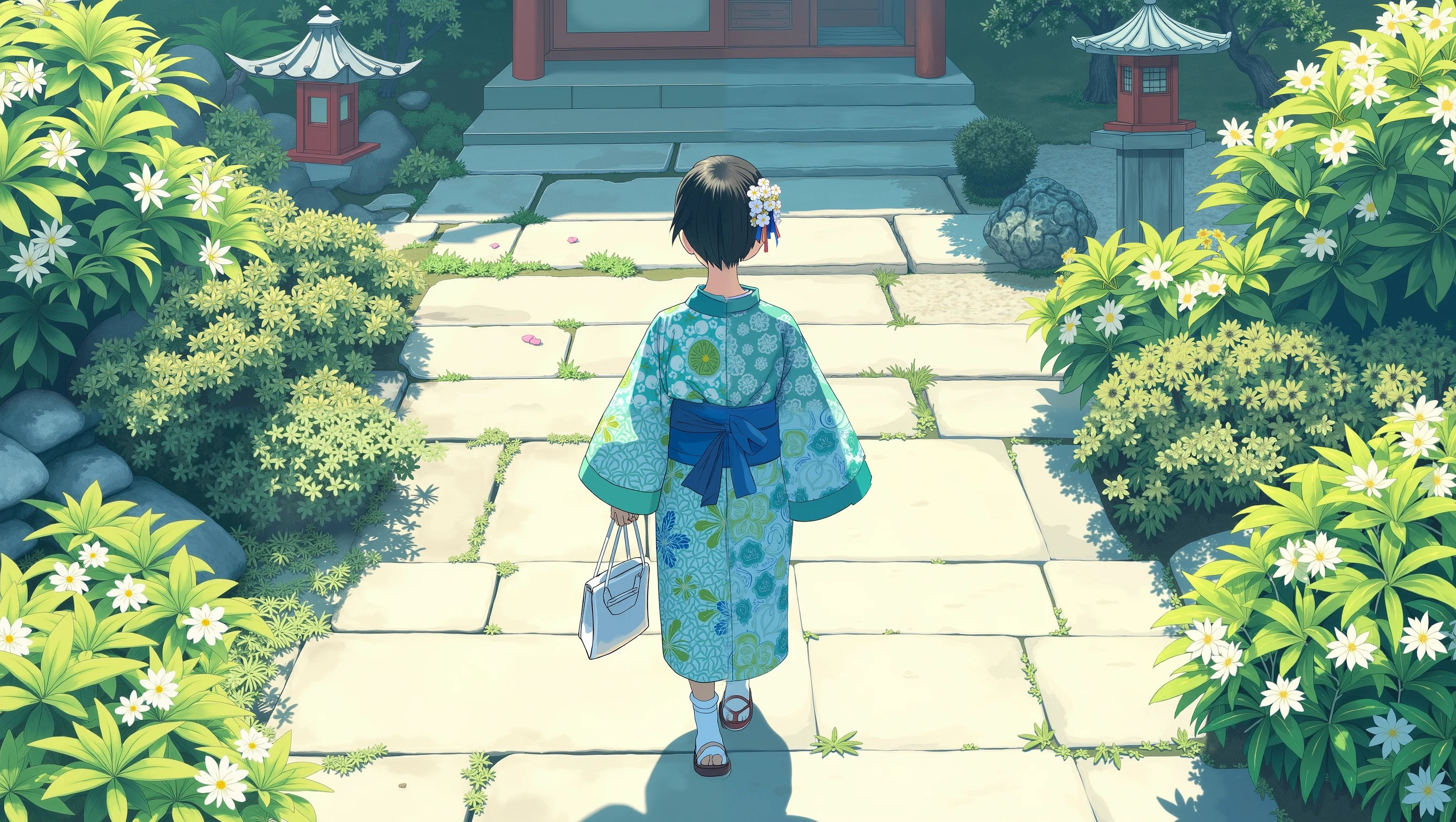 1girl, alone, from the above, (white lily flower), Aesthetic, intricate , Best Quality, Detailed background, Miki Sayaka, ((girl wearing a patterned teal komono:1.2)), (walking in a zen garden), casual pose, detailed texture, posing on a, f洛拉l print, hairflower , hair adornments, japanses clothes, komono, inner strength, exteriors, pagoda , petals, (teal komono), Sash, shrines, Skysky, stone steps, torii , Wide sleeves, bathrobe
