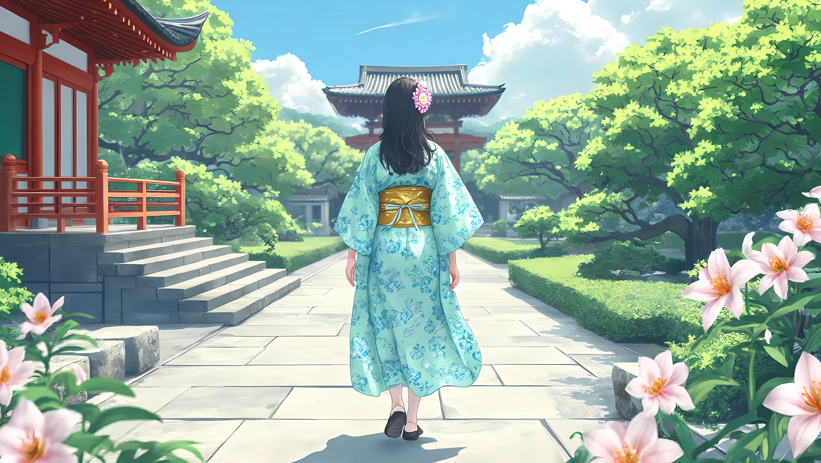 1girl, alone, from the above, (white lily flower), Aesthetic, intricate , Best Quality, Detailed background, Miki Sayaka, ((girl wearing a patterned teal komono:1.2)), (walking in a zen garden), casual pose, detailed texture, posing on a, f洛拉l print, hairflower , hair adornments, japanses clothes, komono, inner strength, exteriors, pagoda , petals, (teal komono), Sash, shrines, Skysky, stone steps, torii , Wide sleeves, bathrobe