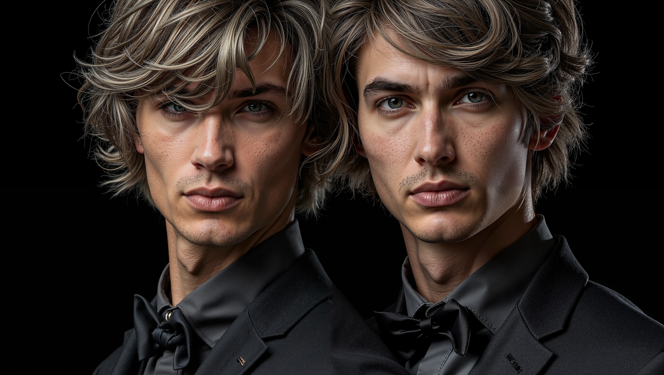 masterpiece, Superb Fashionab, (Fashionab Costume), (illustration), (2 guys), Handsome Young Couple, (Russian Mill Style), Fashionab, silber hair, ( long hair), ( messy hair), (fair skin), (dark circles), Handsome, Dance Steps , Uptrend, dark gray,, close-up, (Big background), (Light and dark contrast method )), Exquisite facial details, Facial details, lighting, (Depth of field ), Ultra HD, (upper body), black background