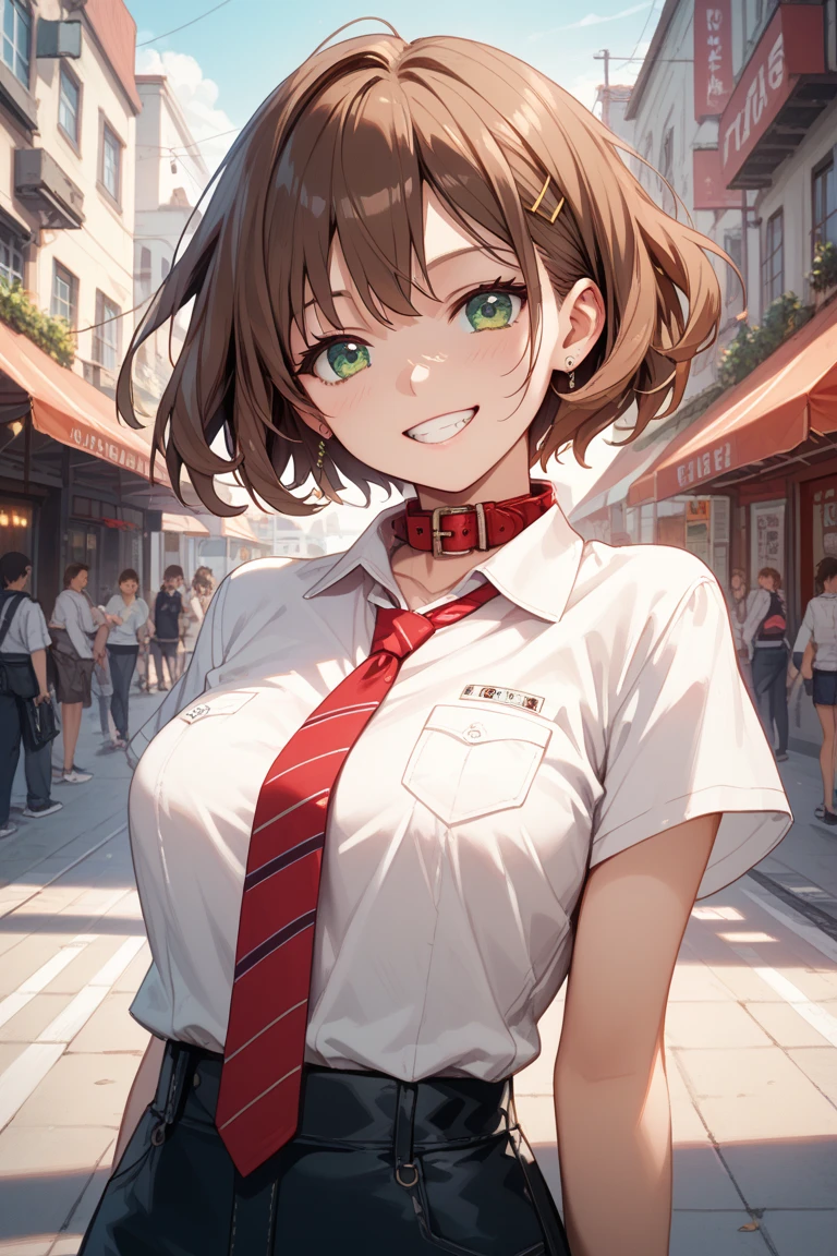 masterpiece, Highest Quality , Best Quality, 1girl, alone, watch the audience, , tezuka rin , ( Armless Amputee :1.2), brown hair , collars, collarsed The shirt, ( double amputee :1.2), green eyes, Katawa Shoujo, Red Tie, The shirt, 1 girl with short hair , alone, white The shirt, lozhkin , grinning smile, Precise Teeth with Gaps