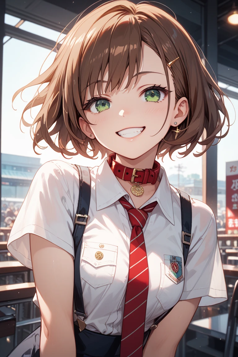 masterpiece, Highest Quality , Best Quality, 1girl, alone, watch the audience, , tezuka rin , ( Armless Amputee :1.2), brown hair , collars, collarsed The shirt, ( double amputee :1.2), green eyes, Katawa Shoujo, Red Tie, The shirt, 1 girl with short hair , alone, white The shirt, lozhkin , grinning smile, Precise Teeth with Gaps