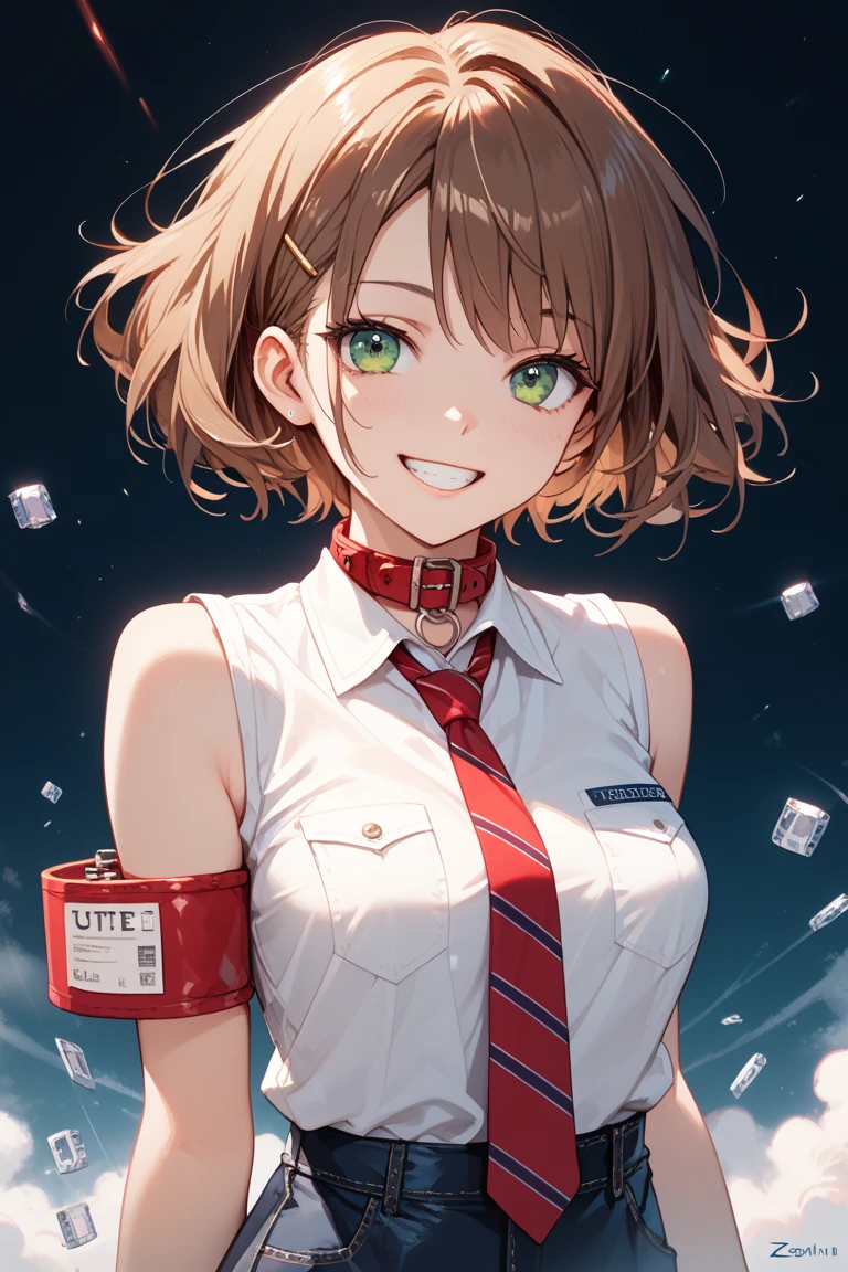 masterpiece, Highest Quality , Best Quality, 1girl, alone, watch the audience, , tezuka rin , ( Armless Amputee :1.2), brown hair , collars, collarsed The shirt, ( double amputee :1.2), green eyes, Katawa Shoujo, Red Tie, The shirt, 1 girl with short hair , alone, white The shirt, lozhkin , grinning smile, Precise Teeth with Gaps