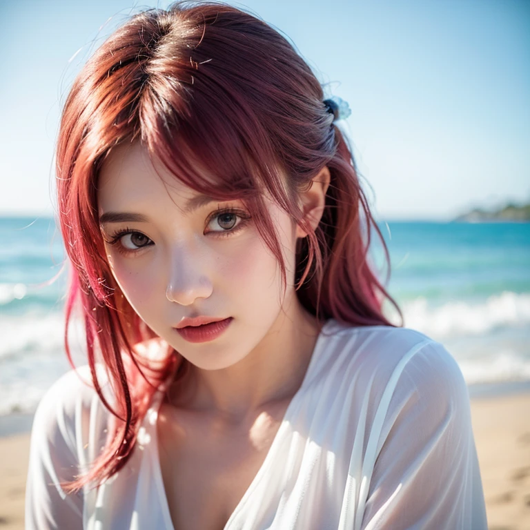 close-up,1girl,pink hair,white dress,Beach background