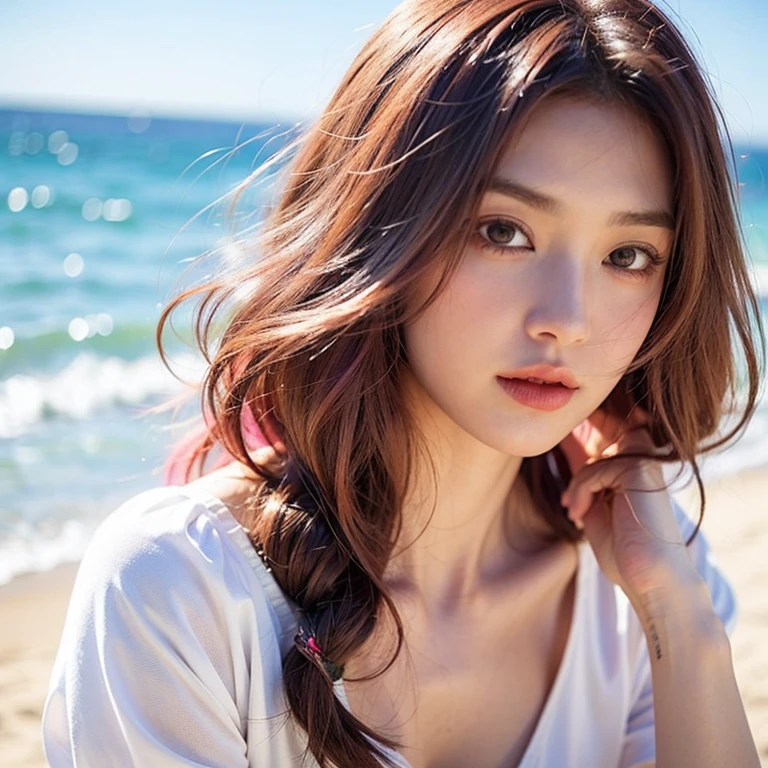 close-up,1girl,pink hair,white dress,Beach background