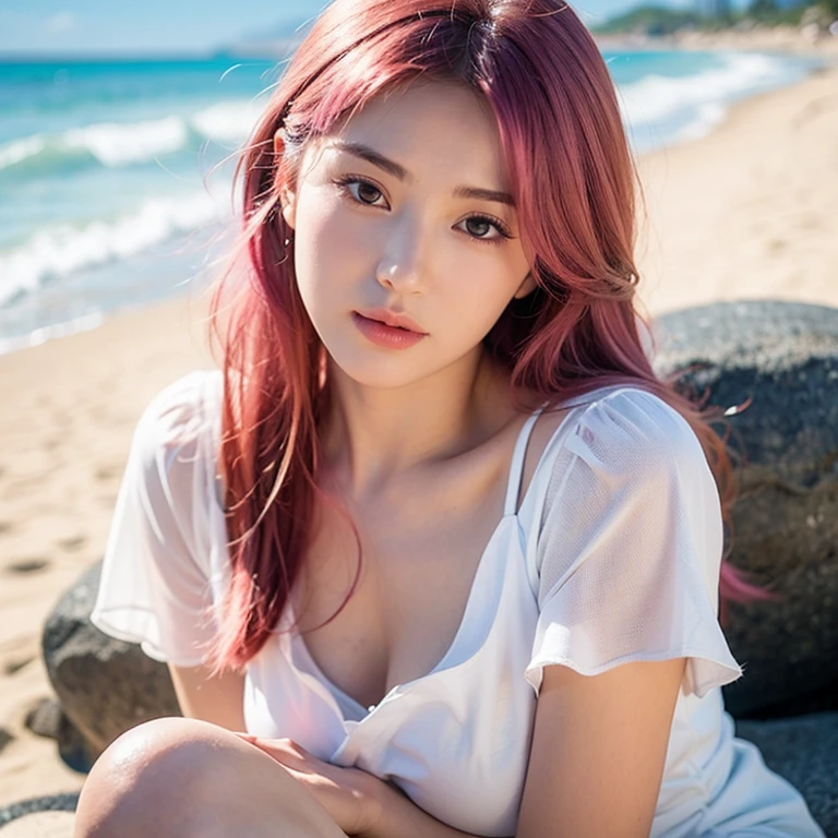 close-up,1girl,pink hair,white dress,Beach background