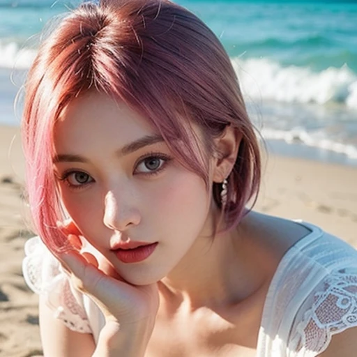 close-up,1girl,pink hair,white dress,Beach background