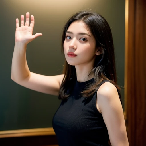 1girl, hands raised