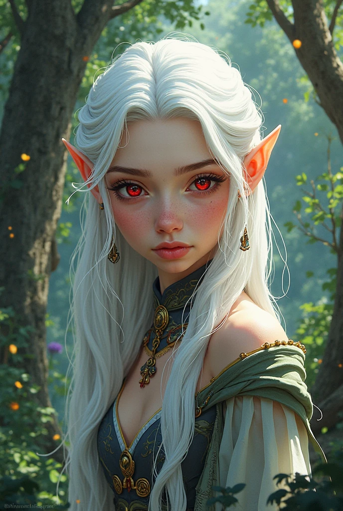 ln the forest，White hair and red eyes，ln the forest精灵，Beautiful and noble，Around the age of 20，Animated comic style