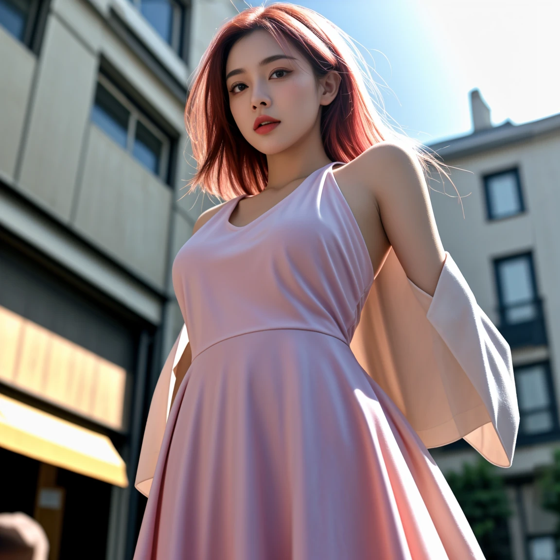 masterpiece, Best Quality, high res, decolletage, 1girl, crowd of, dress, pink hair, Kasai Yuno, from below, halter dress, skindentation, exteriors, rays of sunshine, the street, watch the audience, Blush,
