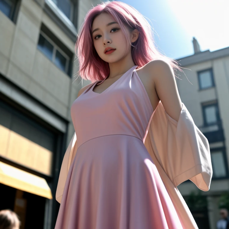 masterpiece, Best Quality, high res, decolletage, 1girl, crowd of, dress, pink hair, Kasai Yuno, from below, halter dress, skindentation, exteriors, rays of sunshine, the street, watch the audience, Blush,