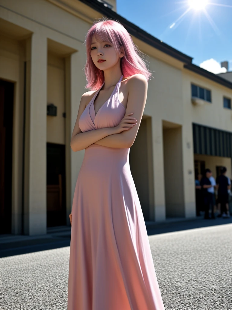 masterpiece, Best Quality, high res, decolletage, 1girl, crowd of, dress, pink hair, Kasai Yuno, from below, halter dress, skindentation, exteriors, rays of sunshine, the street, watch the audience, Blush,