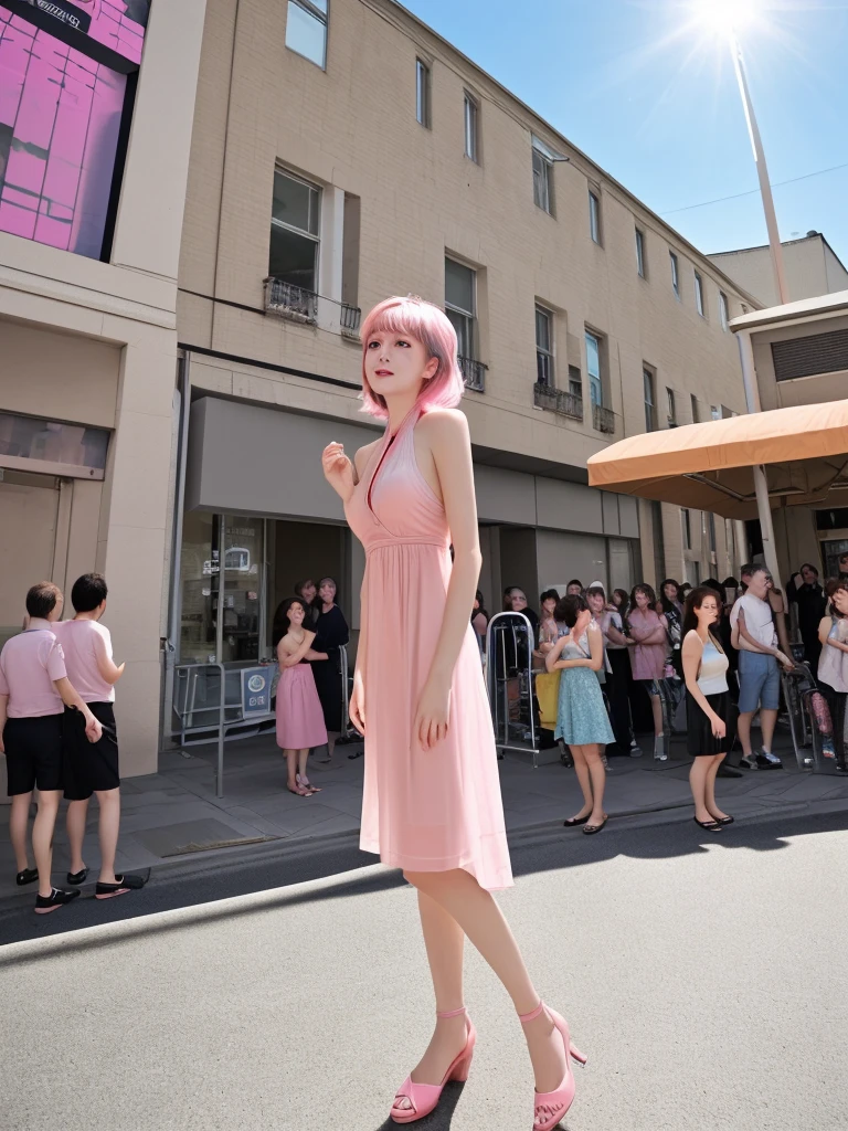 masterpiece, Best Quality, high res, decolletage, 1girl, crowd of, dress, pink hair, Kasai Yuno, from below, halter dress, skindentation, exteriors, rays of sunshine, the street, watch the audience, Blush,