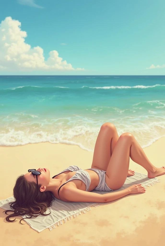 arafed woman in a black bikini sitting on the beach, posing on a beach with the ocean, on the ocean, sitting at the beach, black bikini, posing on the beach, vibrant and bold pop art with high contrast colors, dynamic composition, and exaggerated details