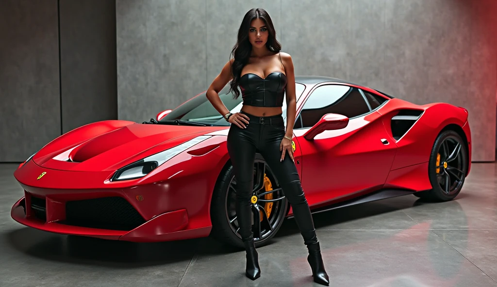 She&#39;s next to a Ferrari (Black-skinned woman Beautiful brunette with a perfect body, beautiful, big, perfect breasts, wide, thin thighs, perfect, everything perfect,) ((Art Style Full Length View, full-featured))characteristics (Purple and black straight hair style, wavy, prisoner, Loose) ( clothing style wearing a white jacket and red pants) ( Full body tattoo style) .8K uhd, high qualiy, volumetric light, photoshot, high resolution, 4K, 8K
