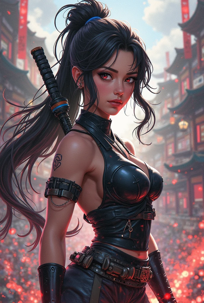 1 girl, sexy, beautiful samurai, katana, samurai, muscular abs, navel, fantasy, sensual, cropped corset goth top, beautiful asian goth girl, sexy, deep navel, heavy goth makeup, armpit, fighting, sweaty skin, navel pierced, blood, wounded, undead, red blood, horror