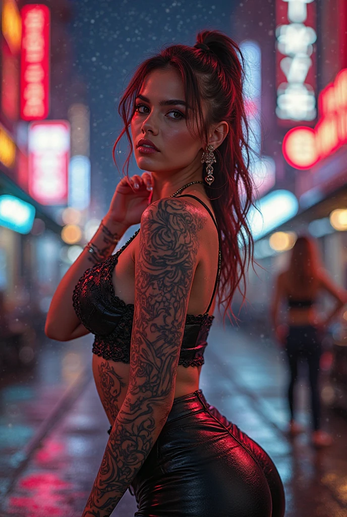 Neon noir create an award-winning photograph of a young woman exploring an original and unconventional theme that captivates and amazes the viewer. Push boundaries of traditional concepts,infusing the image with creativity and wonder,leaving a lasting impression on those who behold it.,absurdres,intricately detailed,32K,, glow effects, godrays, Hand drawn, render, 8k, octane render, cinema 4d, blender, dark, atmospheric 4k ultra detailed, cinematic, Sharp focus, big depth of field, Masterpiece, colors, 3d octane render, 4k, concept art, trending on artstation, hyperrealistic, Vivid colors, extremely detailed CG unity 8k wallpaper, trending on CGSociety, Intricate, High Detail, dramatic . Cyberpunk, dark, rainy streets, neon signs, high contrast, low light, vibrant, highly detailed