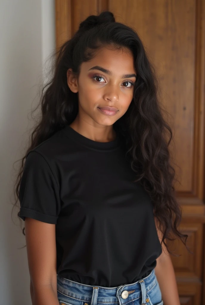 10 year old girl with long black hair, african, tanned skin, heterochromatic eyes, flat chest, in a black dress paired with a bright pink blouse, with a more elegant and sophisticated touch, something, which corresponds to her mysterious and strong personality. General, her appearance would be striking, attracting curious and intrigued glances, flat chested, cinematic lighting, chromatic aberration, Backlight, masterpiece, high detail, high quality, 4K.
