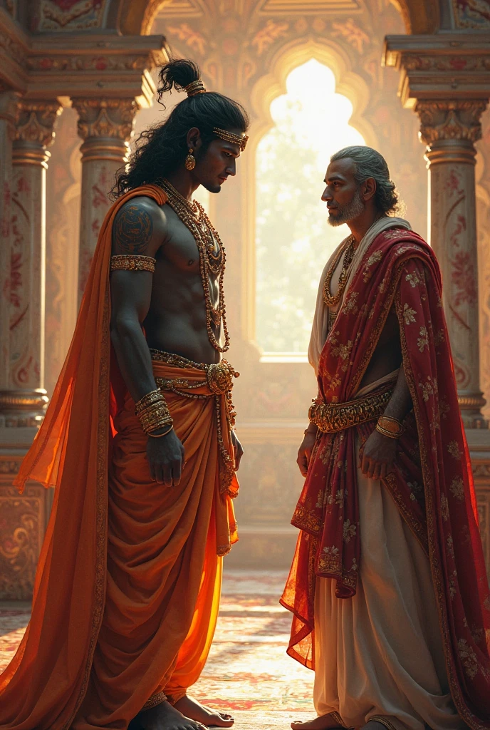 Lord Vishnu with smile face talking with lord Shiva smile on distance on hair on meeting place like ancient god places with gold environment with royal meeting
all gods image HD,On gods place