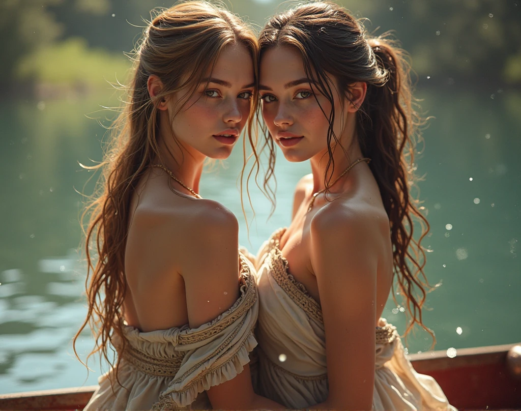ultra realistic professional from back, looking to camera ((( 2 lady, one redhair the second blonde hair ))) (photo 1028k qhd) by (James C. Christensen:1.2|Jeremy Lipking:1.1), (Dittmann Anna:0.3), (jiner:0.3), (mise au point nette:1.3) lndswgnr,High detail, instagram top model,blonde hair, beautiful detailed baby blue eyes, k eyes,(eye (eye makeup: 1.2) sleeping Pose of the Instagram model, perfect button nose, attractive lip shape has an upper-to-lower lip ratio of 1:2, perfect ivory skin confiant, (((anatomycally perfect 25 old ladie hand,finger, nail))),fille en forme Fille maigre et sexy, breast:1.2, anatomie parfaite, Perfect symmetry:1.2, Realstic position, realistic and gorgeous face:1.2, perfect face, highly detailled, happy, confident, ighting cinematic, Lighting scene, soft lights, instagram standing pose (((baby blue eyes,, Fille maigre et sexy, breast:1.2 perfect charming face, attractive lip and nose, 2 woman one res hair one blonde hair hugging each other wearing yellow transparent dress near lake, romantic view , laying together