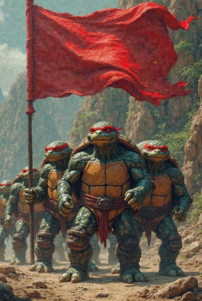 Strong turtles with a red flag 