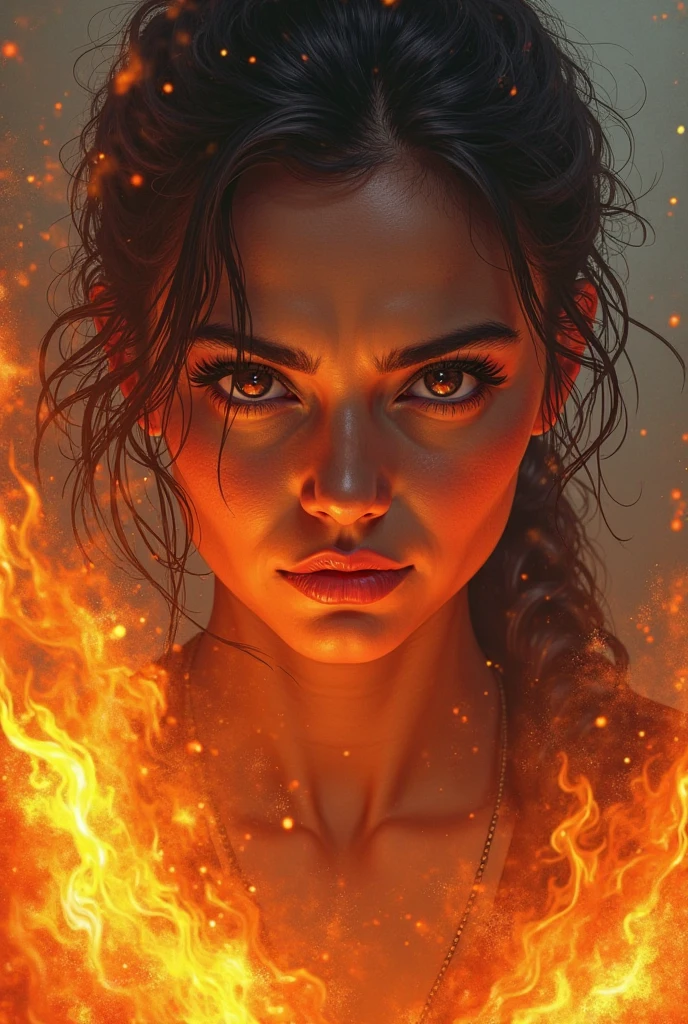 A dirty wet woman with messy hair, camera above, dramatic scene, a woman in a burning field with a fire in the background of the water, skin and hair, high-detail skin, 4k, movie, cinematic