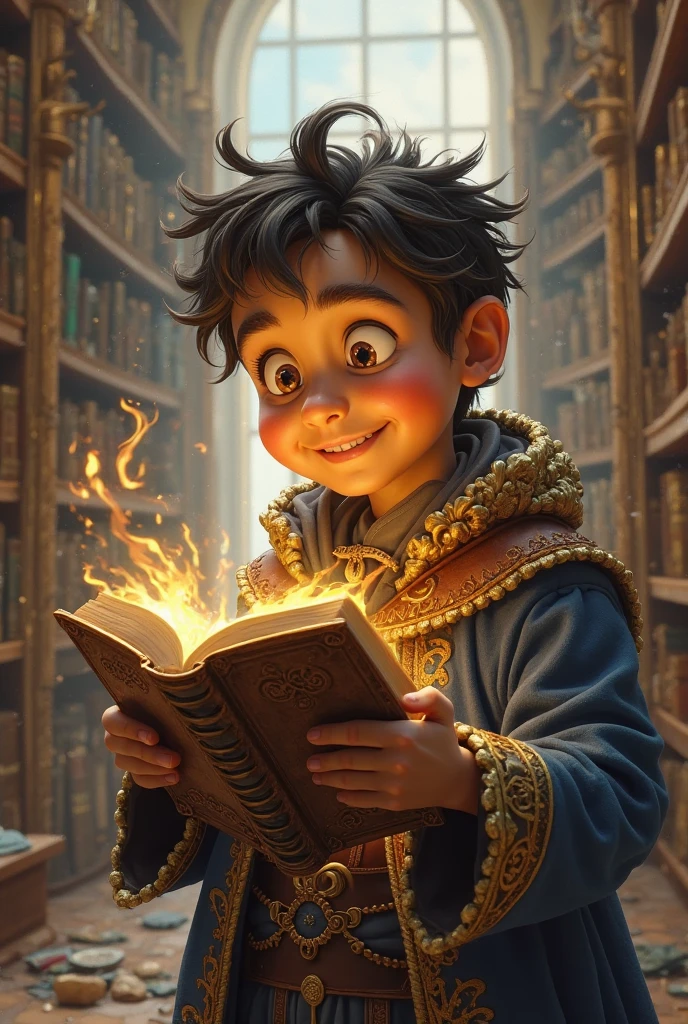 Boy Discover the Magic Book in the bookstore of man