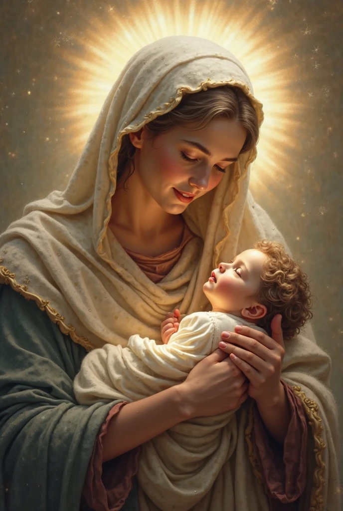 ultra realistic, 8k, cinematic.Virgin Mary with a baby in her arms. The figure is standing and appears to be in a state of joy or happiness, with a smiling facial expression and closed eyes. The baby is also smiling and appears to be in a state of peace or contentment. Both figures are against a background that appears to be a sky with rays of light, indicando uma atmosfera divina ou espiritual. The image appears to be a traditional representation of the Virgin Mary and baby, which is usually interpreted as Jesus Christ, em um estilo que pode ser associado a pinturas religiosas ou artesanatos.