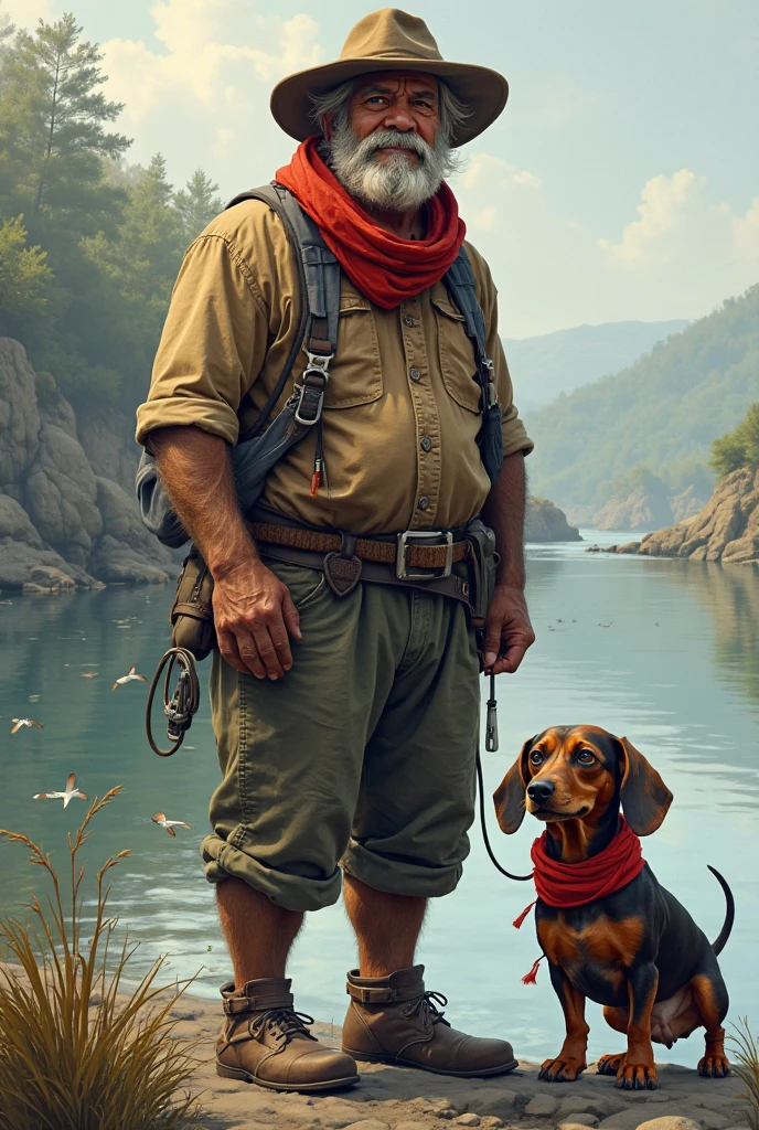 make me realistically a gentleman walking with blond hair/whites together with a labrador, The gentleman has a straw hat with a blue stripe, he is bare-chested because he is walking on the seashore (they are all stones).
he is quite robust and walks all hunched over but not in a scary way but in a way that makes you laugh 