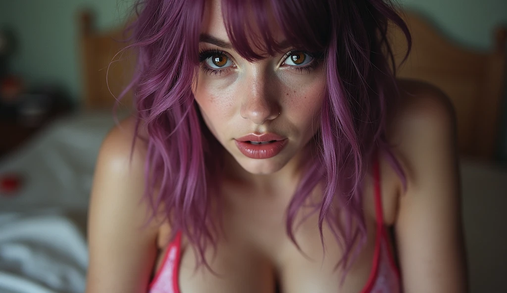 Hyperrealistic, sexy girl, green eyes, fluffy purple hair, athletic full body undressed (no top, no underwear, no shoes) highly detailed, ArtStation, smooth, sharp focus, 8K, photo-realistic, super detail, recover face