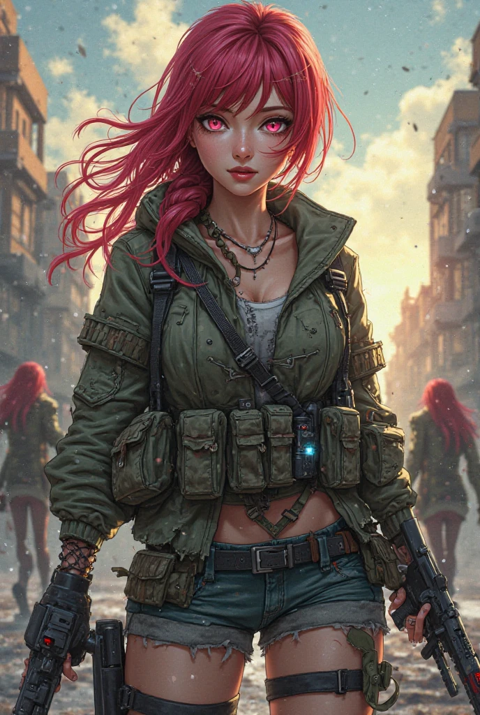 Create an image of a stalingrad battle with one women with a pink hair and big boobs