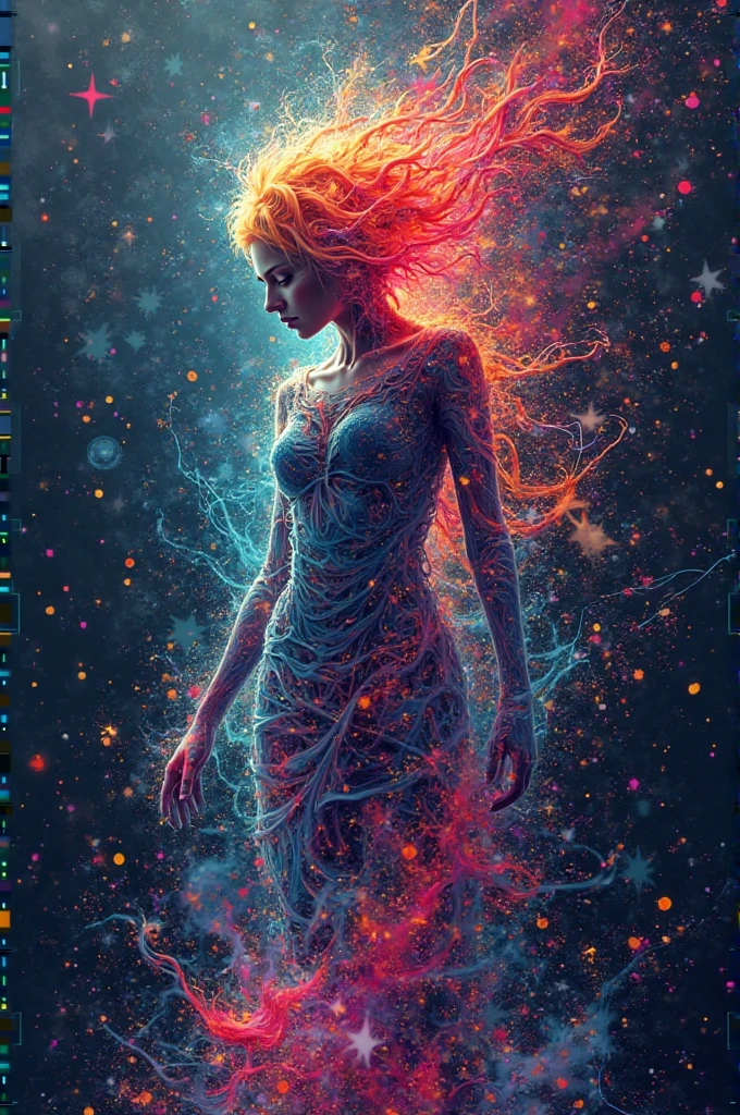 1girl, disolving into a whirl of psychedelic color, rad-dissolve, cinematic shot, walking towards viewer, looking at viewer, tripping balls, diffusion, smoke, bright colors, silhouette, backlit, double exposure