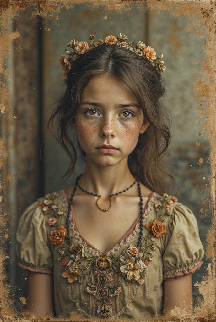 A small with long brown hair and blue eyes, very beautiful, sadly crying in an old brown dress., In a beautiful palace-like house