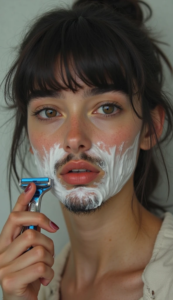 bearded woman, armpit hair, hirsute body, sticks out tongue in bathtub