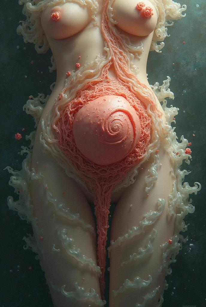 A woman is, , (nakeesign vector,Tokar, 8K, hyper HD, Albino demon girl standing, (nude), shrom far away, (large eyes, Eyes are delicate and beautiful, Beautiful and delicate face, Details on the face), (black curly hair) , pink rose bush, winking, white background, Complicated details, colored background, Abstract, ((pubic hair, hairy pussy, hairy )), (medium size saggy breasts), (bare fe