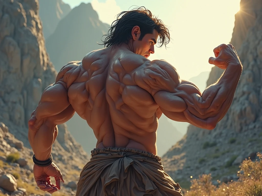 1boy, giant, model shoot style, looking at viewer, standing, illuminating light, outdoor, strong body, bulk, large size, standing, sunmer, in the forest, white short loincloth, prominent bulge, big, brutalmass, giant, muscular body, bulk, massive body, bod, large meaty body size