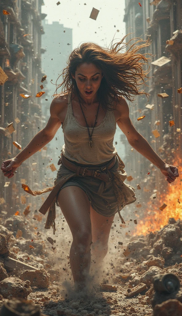 (image of a woman climbing a small hill), (falling stones), (dramatic gray sky), (woman with torn and bleeding clothes) determined expression, hair in the wind, earthy tones, rough terrain, dark environment, feeling of struggle, (dynamic movement), ultra-detailed and atmospheric lighting, high energy, the cold brute force of nature, evocative and intense.