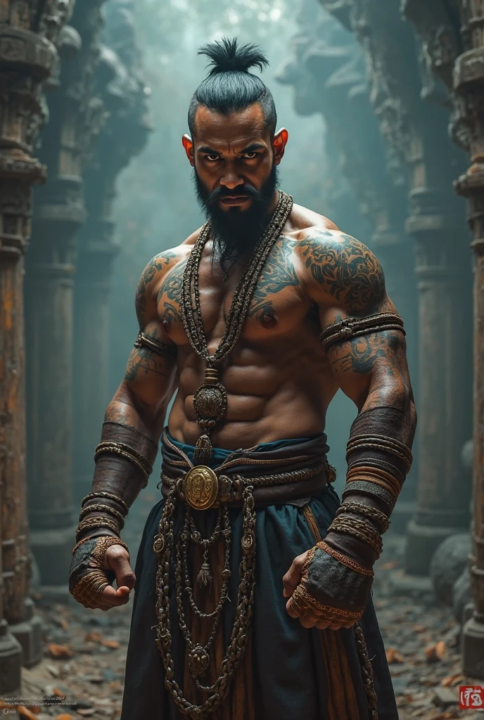 A tall, muscular tanned man in his 20s, clean shaved, Shirtless, curly very short black hair, sweaty and ragged attire, G-string, standing in a rustic village setting, high detail, realistic, dynamic lighting, portrait, character design, cinematic atmosphere, masterpiece .