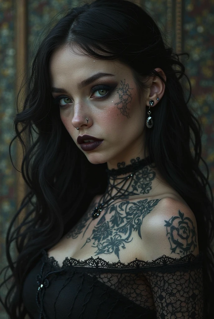 (Best Quality, 8k, 32k, Masterpiece, UHD:1.3), (Photo of Attractive Caucasian Woman with tattoos), 1 Girl, (long wavy hair with braids), choker,very pale skin,Ultra Detailed Face, Detailed Lips, Fine Eyes, black lipstick, Fine Eyes, double eyelids