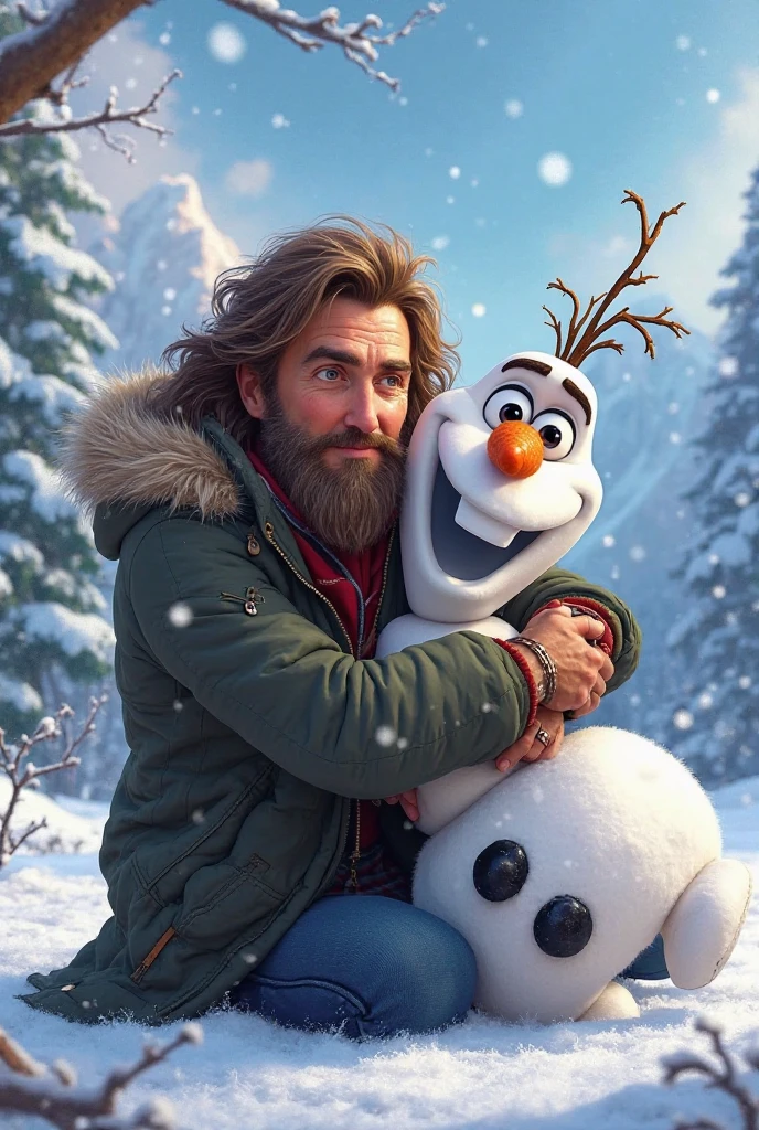 best quality,masterpiece,Ultra high detail,A handsome muscular man,Short white haired Fractal Jack Frost, shirtless in the snow . playing with the snow man , smiling 
