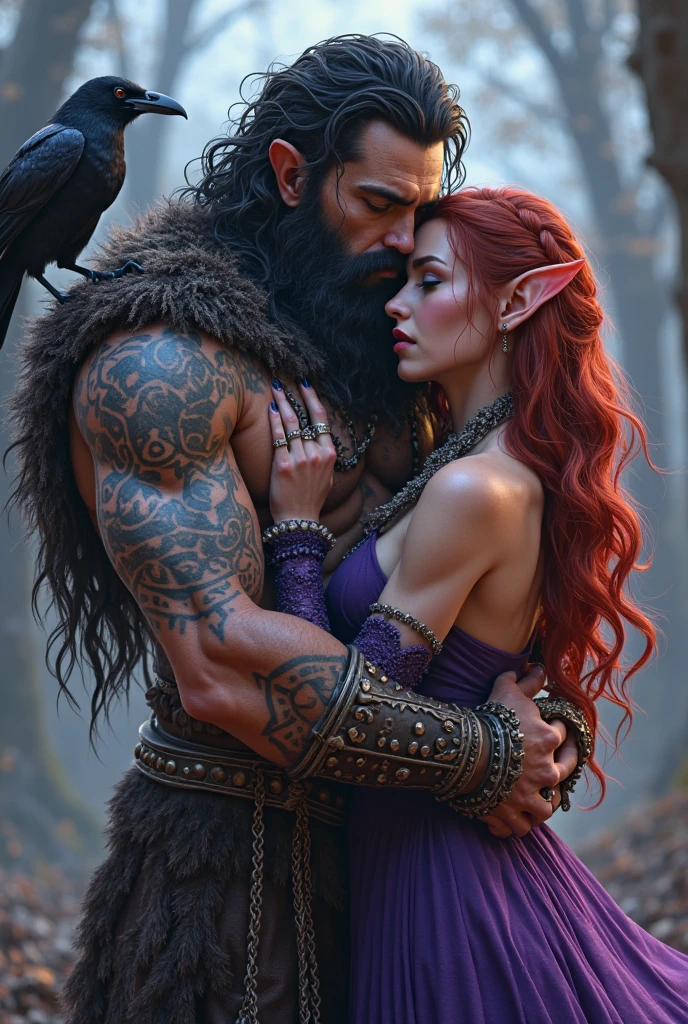 A man half trool alin and half human, leaf tattoo , they are the axis, he is strong and big and has curly black hair and wears earrings. Has human eyes and elf ears. Forest and magic scenery, he is hugging the sexy and modern and beautiful human and "gorda,"beautiful and young and cute with red hair and green eyes , pink dress