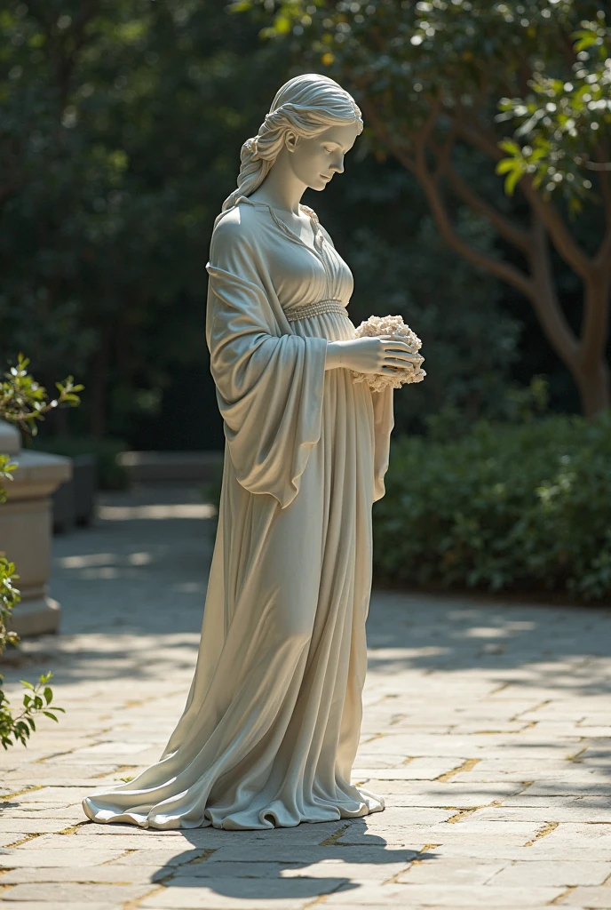 a terracotta statue of a female greek goddess, on display in a beautiful garden full of flowers, sunray, bright lighting